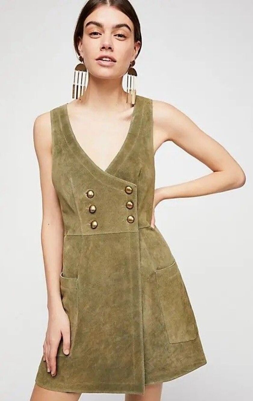 Free People Suede Mini Dress Women Sz 4 Green Genuine Suede Boho Festival GUC